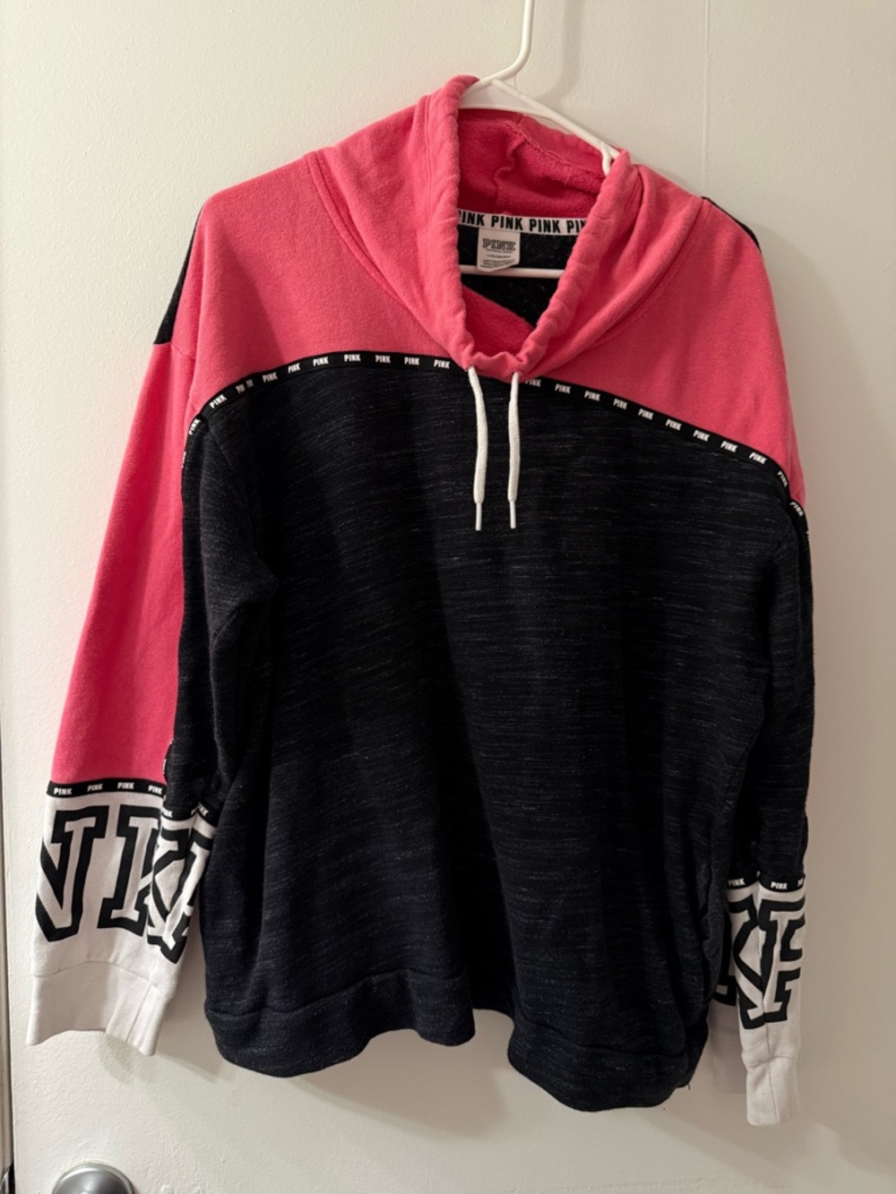 PINK Victoria's Secret Black & Pink Colorblock Cowl Hoodie Sweater